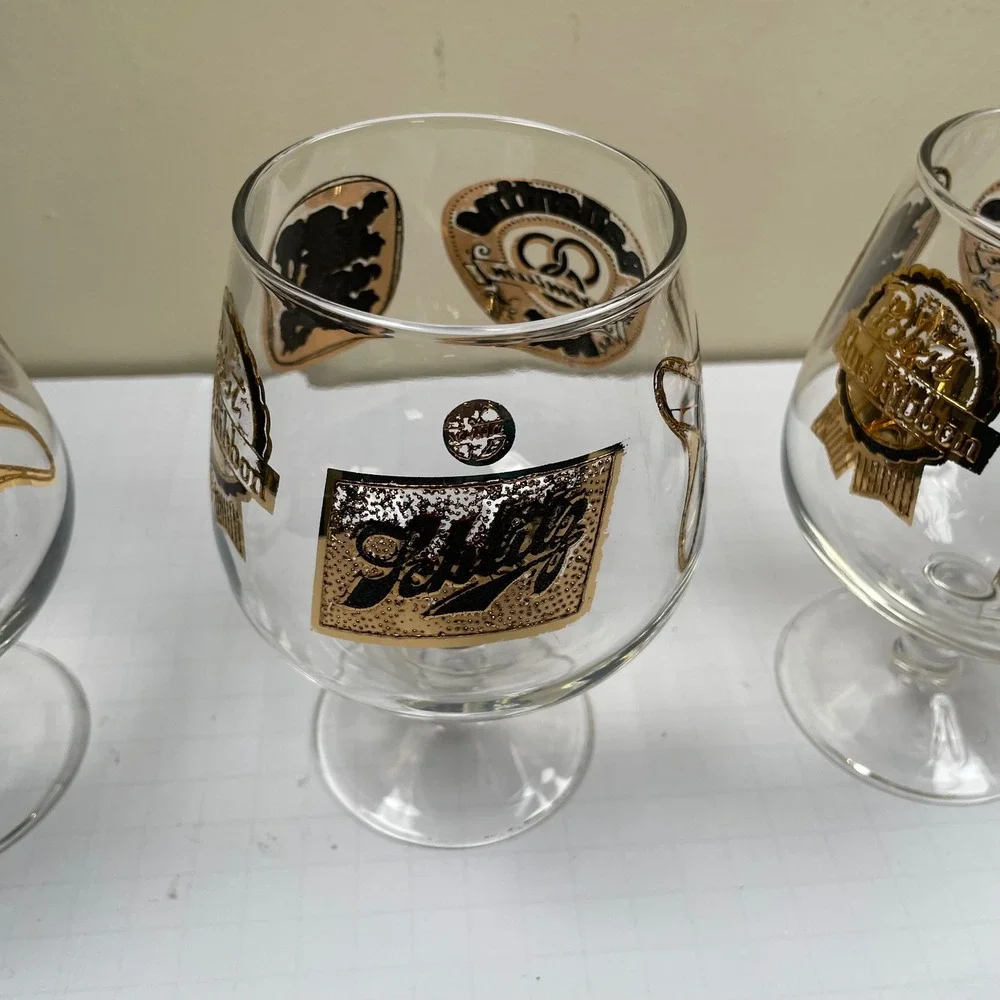 VTG Pabst Blue Ribbon PBR‎ Beer Glass Set 4 Gold MCM Brewery Promo Barware